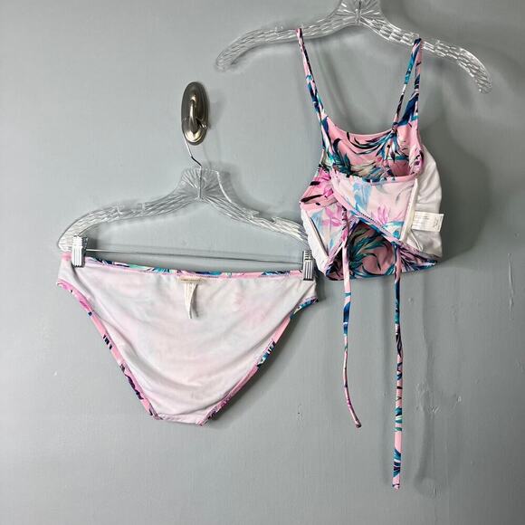 Hot Water Pink Tropical Floral High Neck Halter Tie Bikini 2 Piece Set Size L - Picture 14 of 16